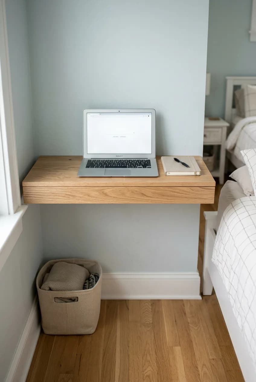 A space-saving floating desk solution for a small bedroom home office, mounted on the wall to free up floor space.