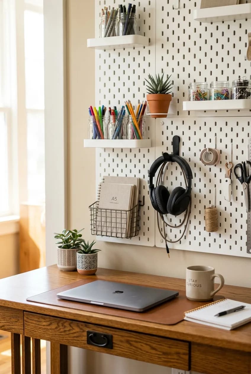 A vertical pegboard storage system used to organize supplies in a home office set up in a small bedroom.
