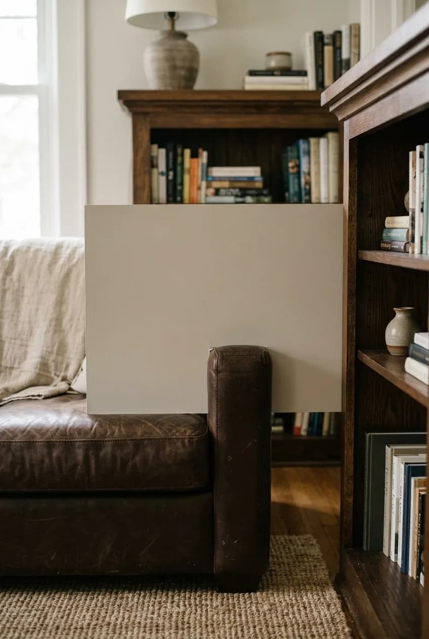 A large greige paint sample board leaning against a leather sofa, showing the process for how to test paint colors next to existing decor.