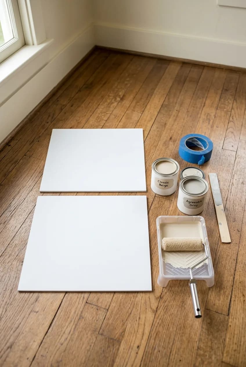 The essential toolkit for how to test paint colors, including white foam boards, sample pots, and a mini roller.