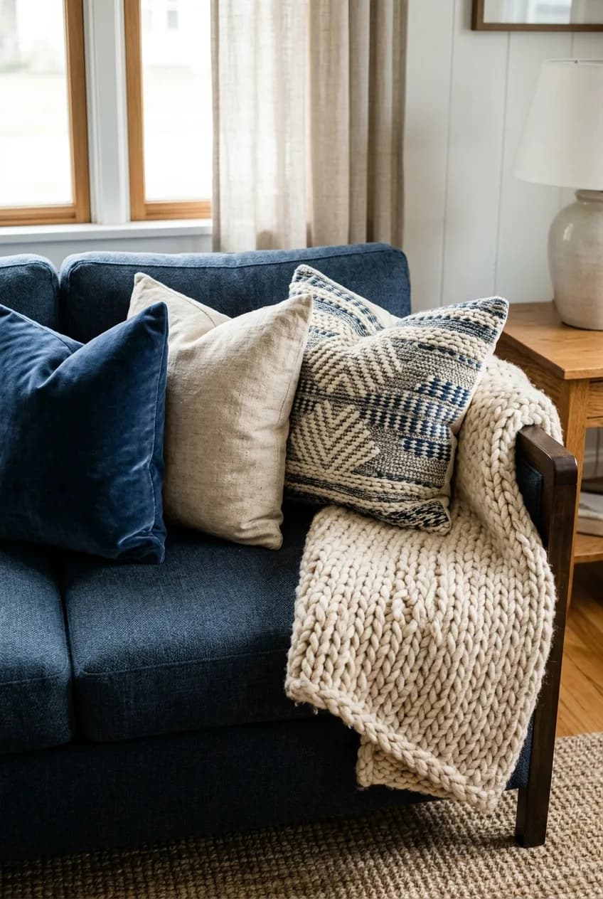A close-up of cozy textures that fix a cold living room, showing a chunky knit throw and velvet pillows on a sofa.