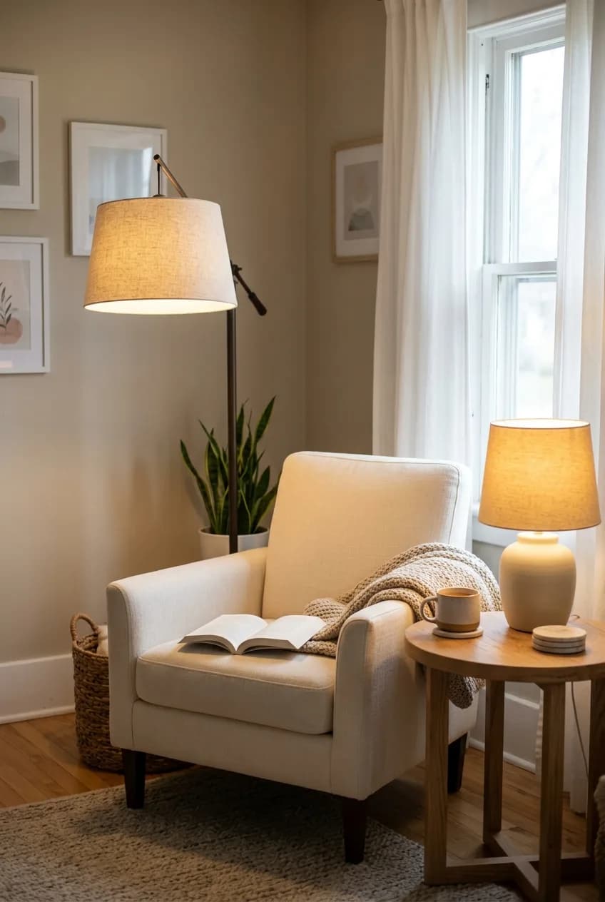 Layered lighting in a living room that feels warm, not cold, with a floor lamp and table lamp creating pools of cozy light.