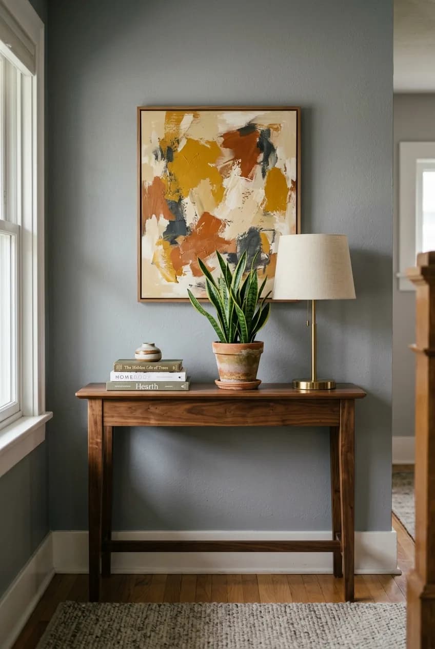 Warming up a living room that feels cold by using a wood console table, brass lamp, and warm-toned art against a gray wall.