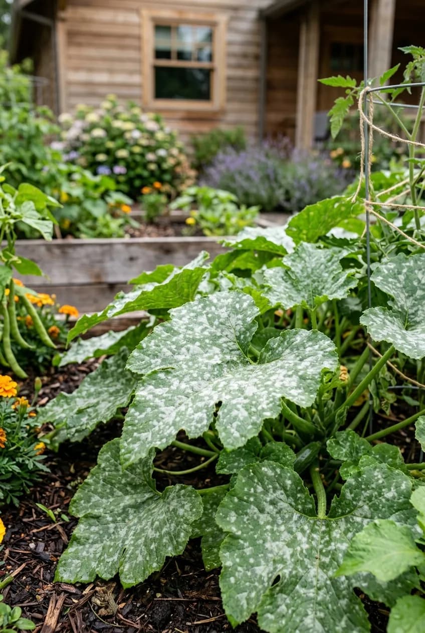 Powdery mildew growing on the leaves of an overcrowded plant, a common problem caused by lack of airflow in a dense raised bed.