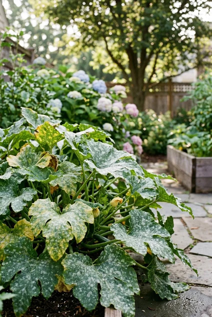 Powdery mildew growing on the leaves of an overcrowded plant, a common problem caused by lack of airflow in a dense raised bed.