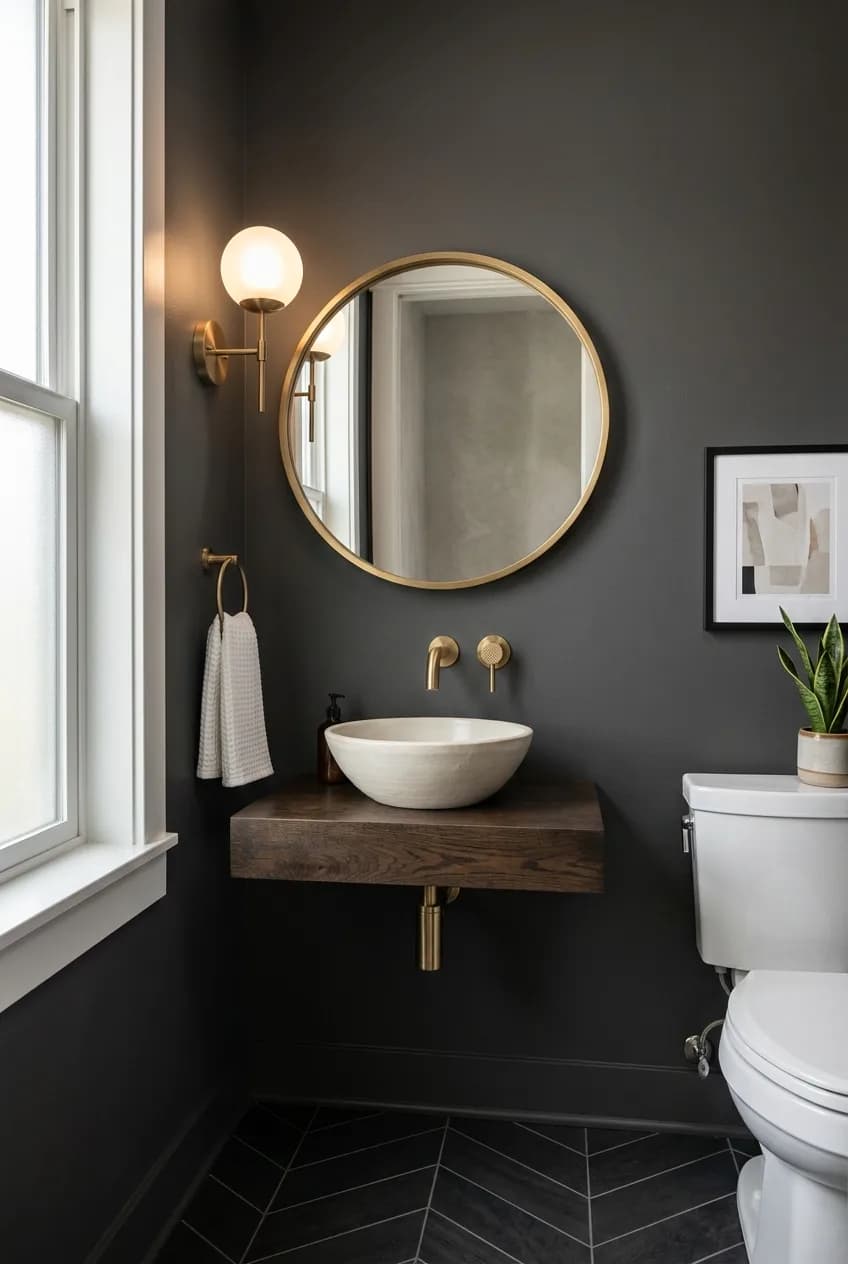 An example of common paint color myths being broken, showing a small powder room painted a chic, dark charcoal that feels sophisticated, not small.