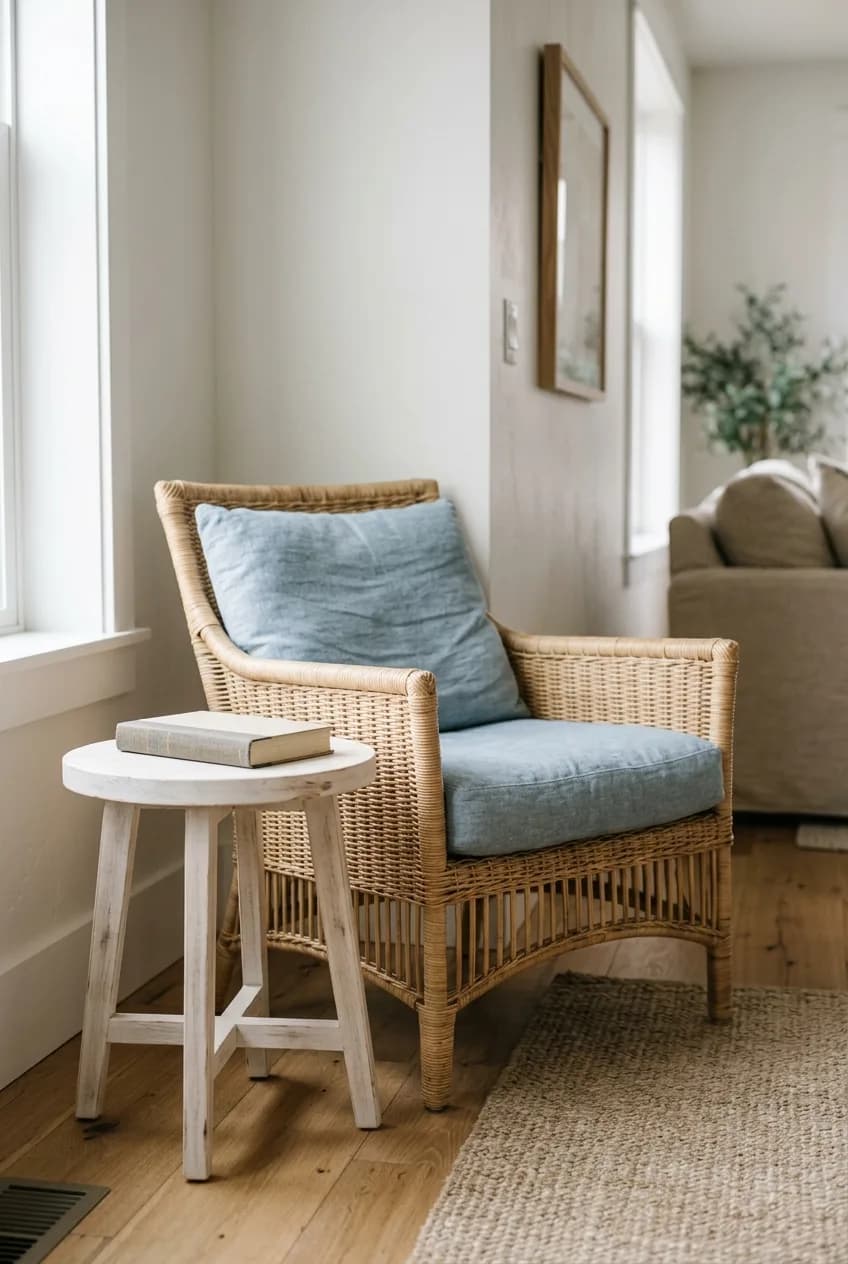 Rattan accent chair styling ideas for a coastal living room corner with a blue linen cushion and whitewashed table.