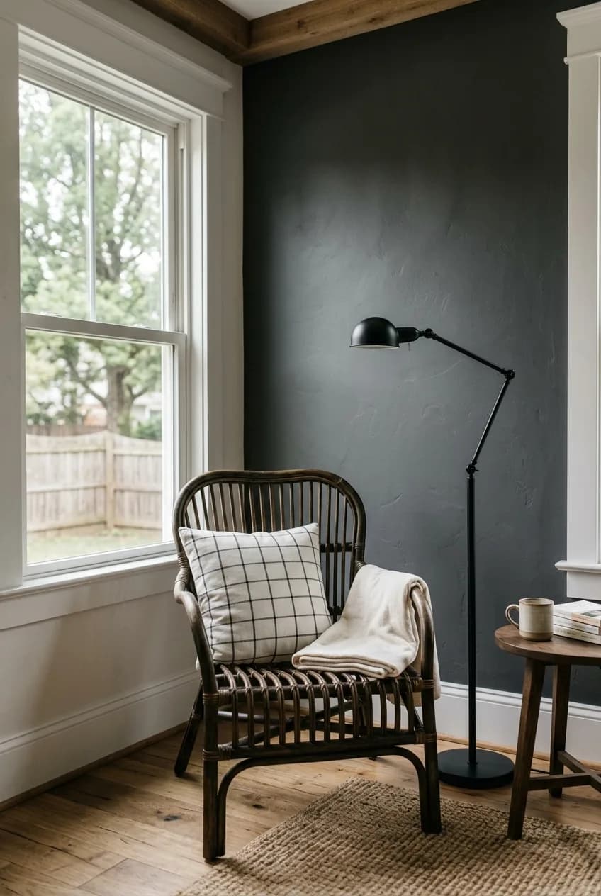 Modern rattan accent chair styling idea with a dark chair against a charcoal wall and a sleek metal floor lamp.