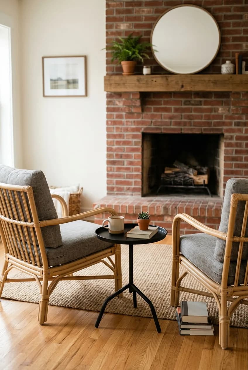 A symmetrical pair of rattan accent chairs creates a conversation nook in a living room, styled with matching cushions.