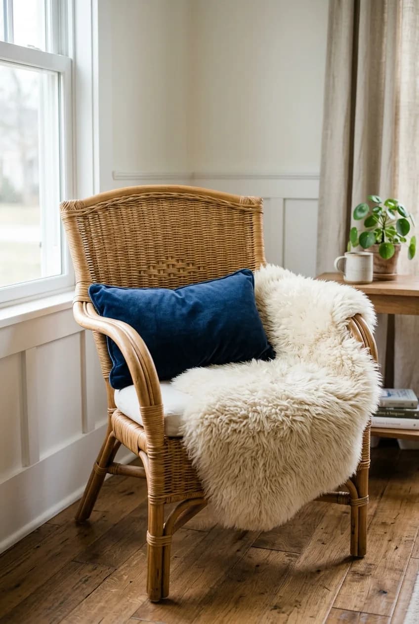 Textile layering ideas for a rattan accent chair, showing a cozy sheepskin throw and a small navy velvet lumbar pillow.