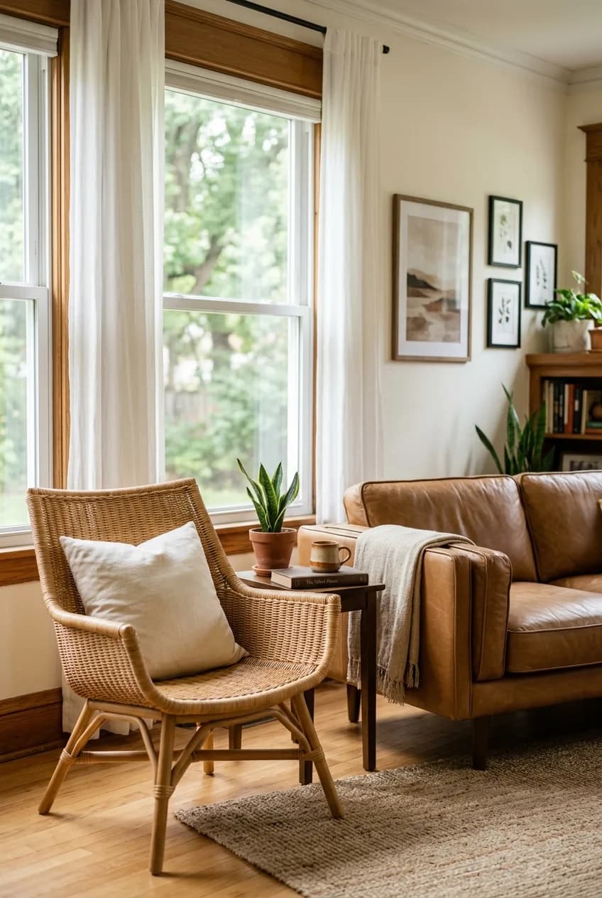 Styling idea showing a rattan accent chair placed next to a cognac leather sofa in a sophisticated living room.