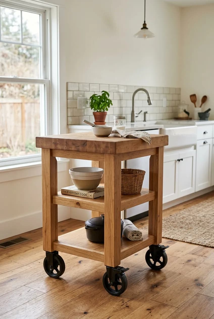 A mobile wooden butcher block cart serving as a smart alternative to a permanent island in a small kitchen.