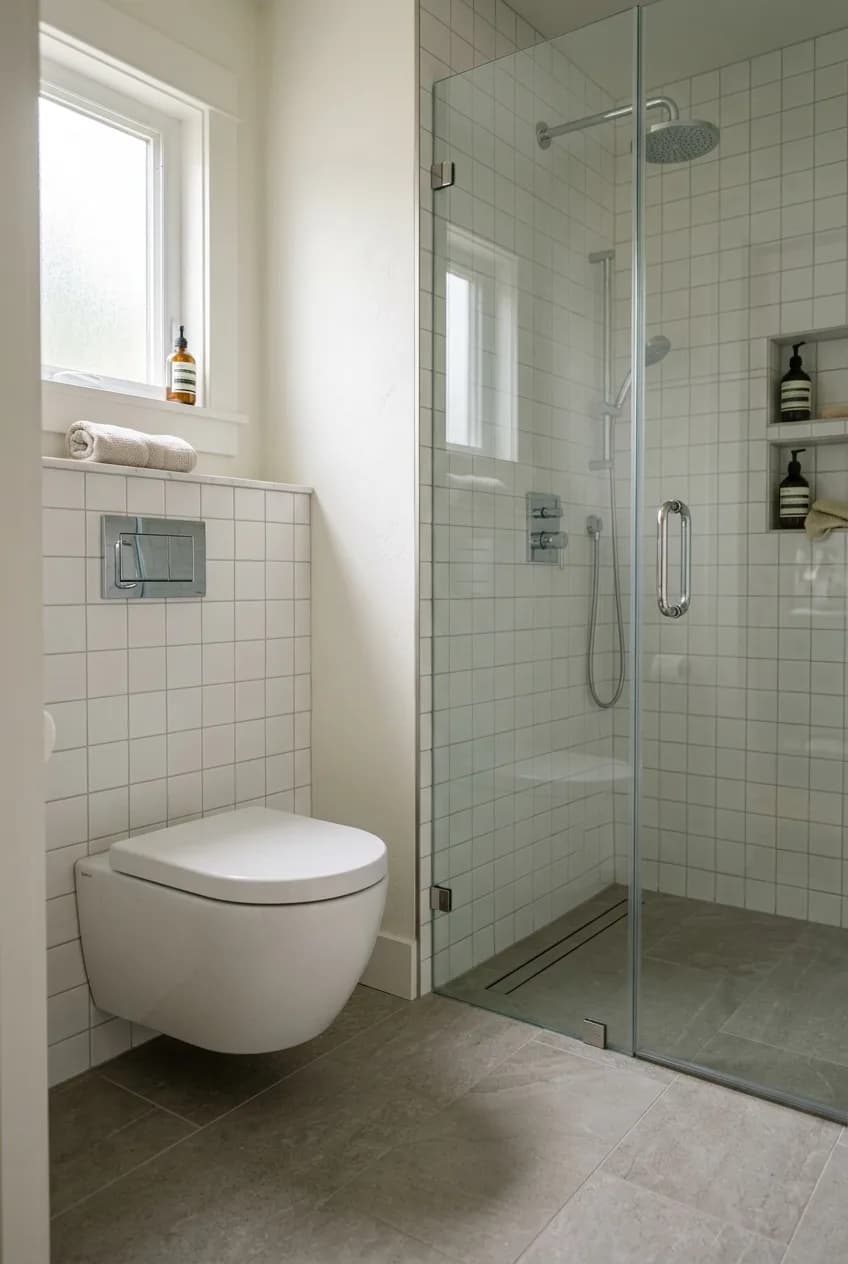 A wall-mounted toilet and frameless glass shower door in a small bathroom, illustrating fixtures that prevent a cramped feeling.