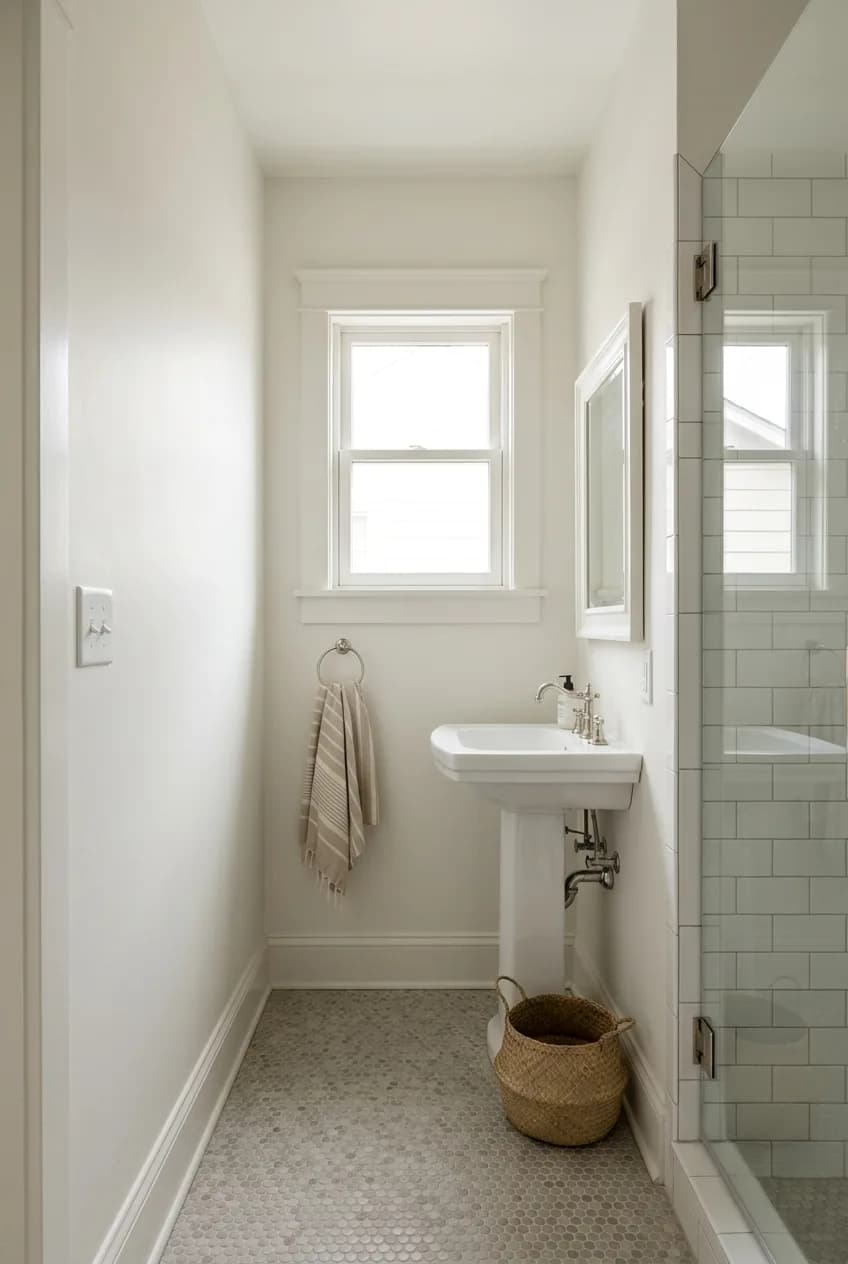 A small bathroom painted in a light, uniform color on the walls and ceiling, a solution for when a bathroom still feels cramped.