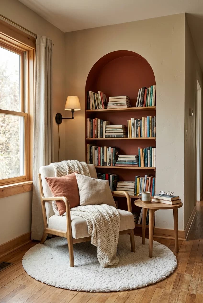A painted arch on the wall, a design trick to define a reading corner in a small bedroom.