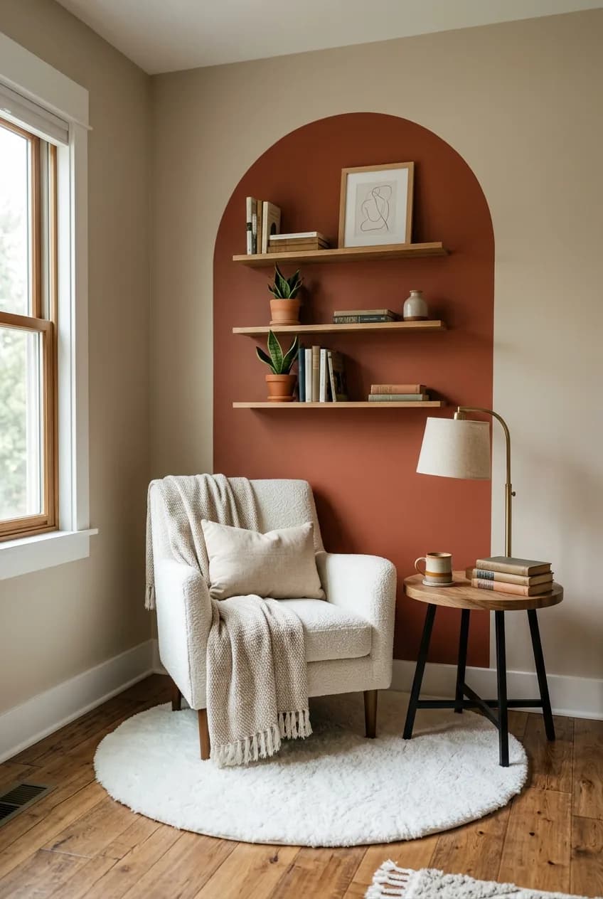 A painted arch on the wall, a design trick to define a reading corner in a small bedroom.