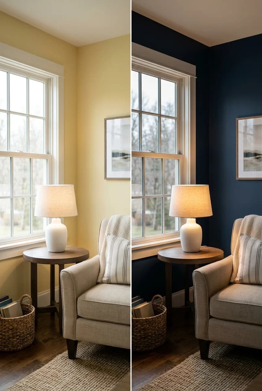 A comparison showing what to know before you paint a small dark room: one side painted a light yellow, the other a deep navy blue, to illustrate the 'fight for light' vs. 'embrace the cozy' strategies.