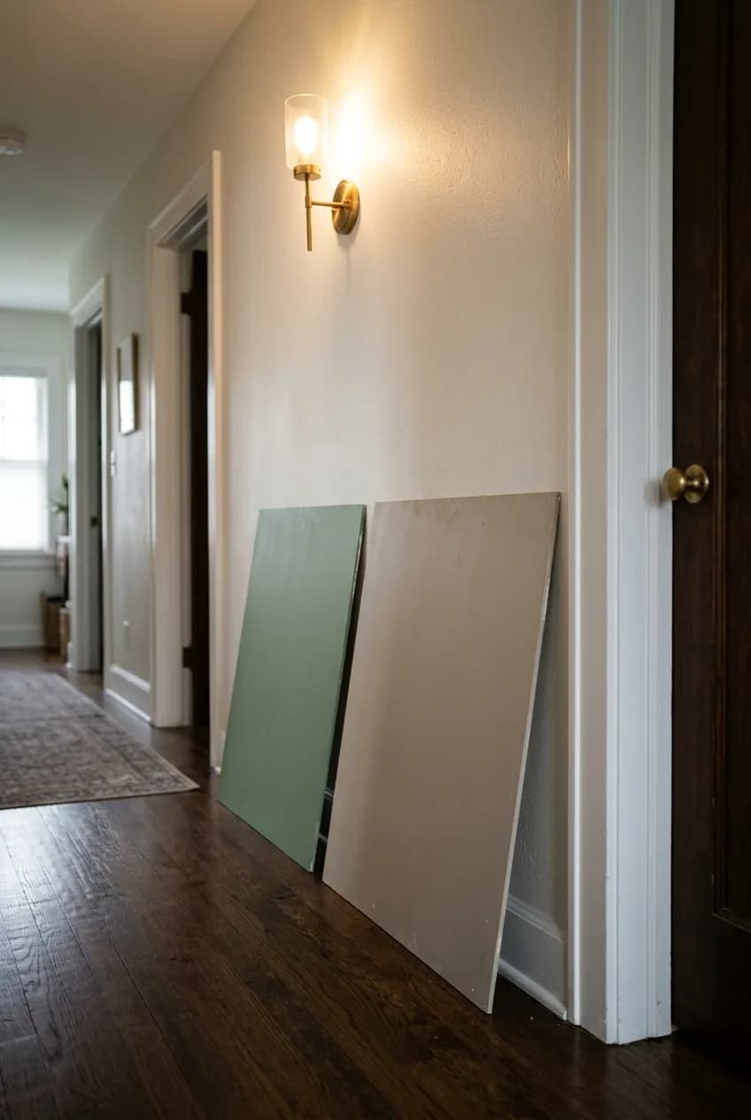 Illustrating how to test paint for a small dark room: large painted poster boards leaning against a wall under artificial light to get an accurate color reading.