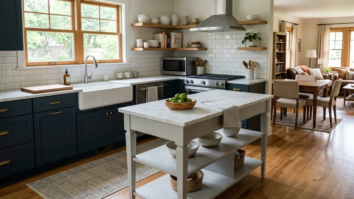 A slim, light-gray island on legs in a small kitchen, demonstrating that an island can be worth it if proportioned correctly.
