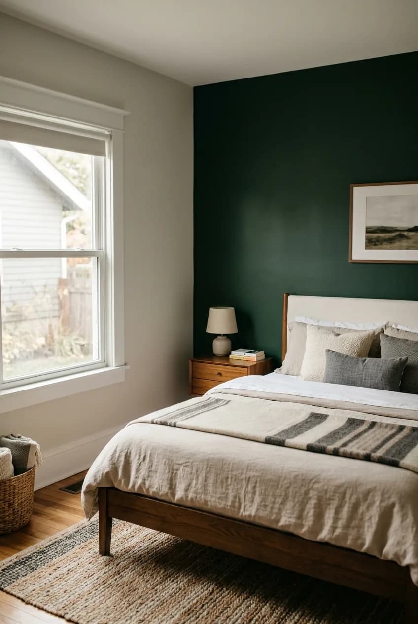 A single dark green accent wall behind a bed in a small room, demonstrating how an accent wall creates depth.