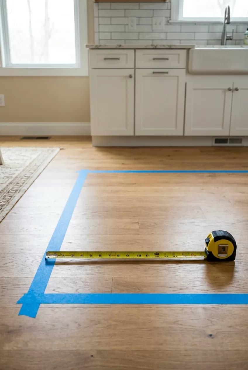 Blue painter's tape and a tape measure on a kitchen floor, showing how to test if an island is worth it in a small kitchen by mapping its size.