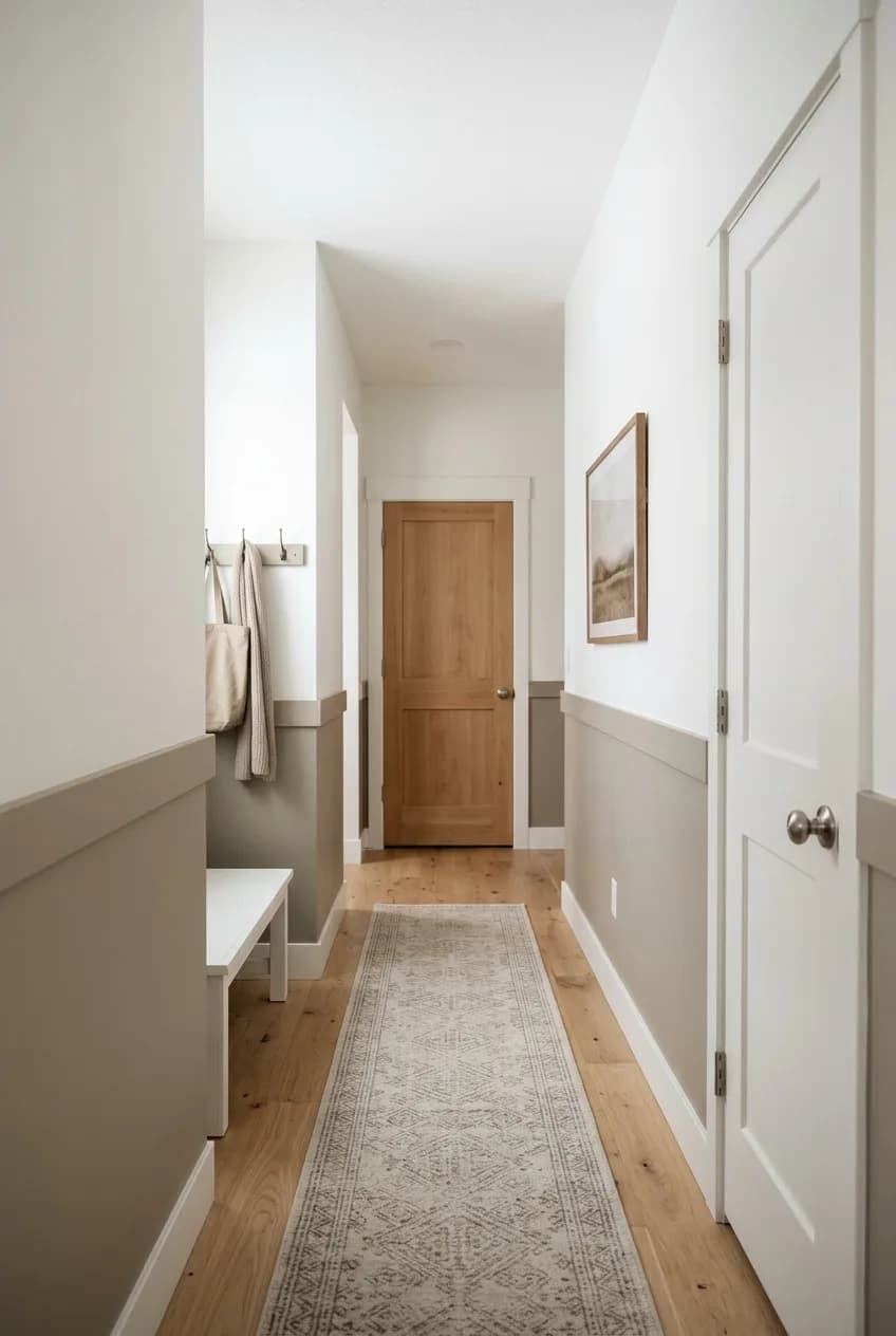 A hallway with two-tone walls, showing a darker color on the bottom and a lighter color on top to make ceilings feel higher.