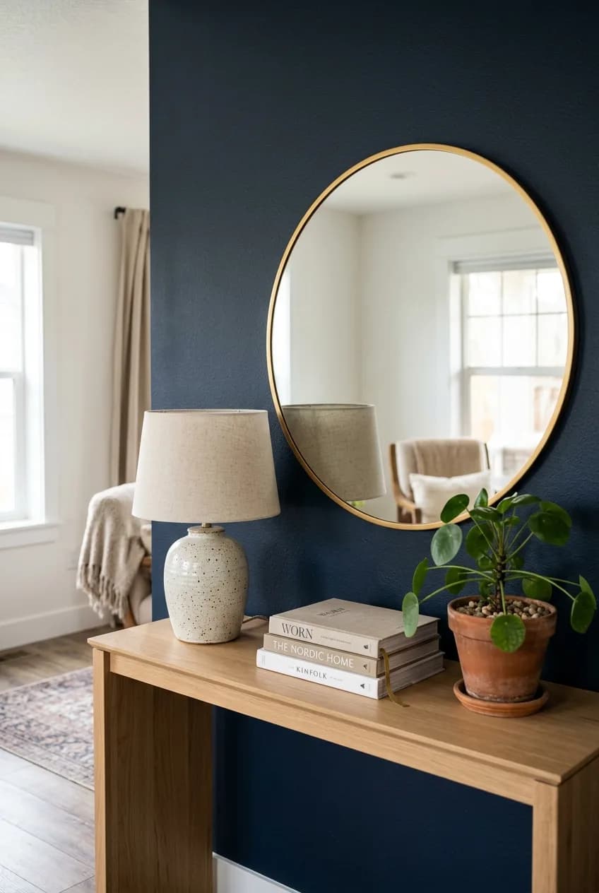 A dark navy accent wall is successfully anchored with a console table and a large mirror, preventing the 'floating wall' effect.