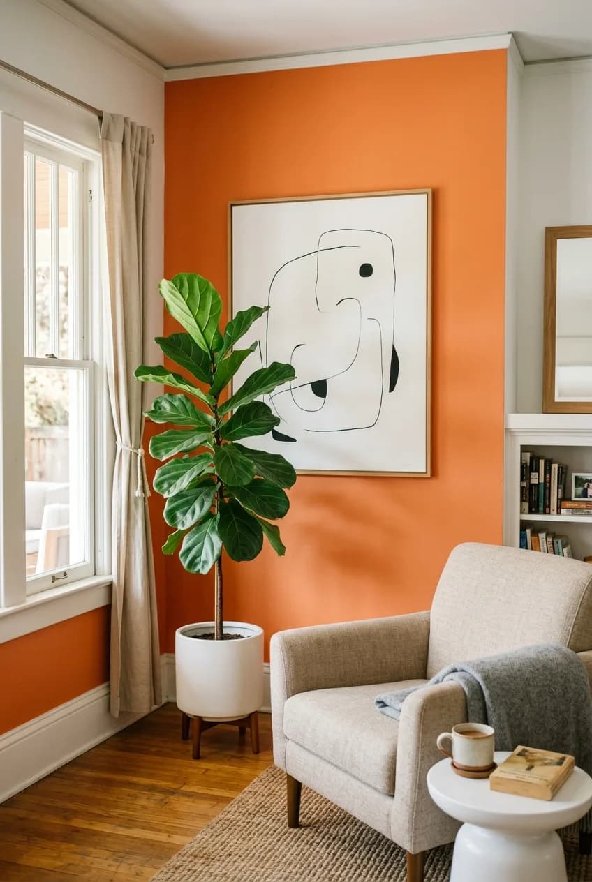 A fix for an accent wall that's too bold: a large piece of neutral art hangs on a bright orange wall to break up the color.