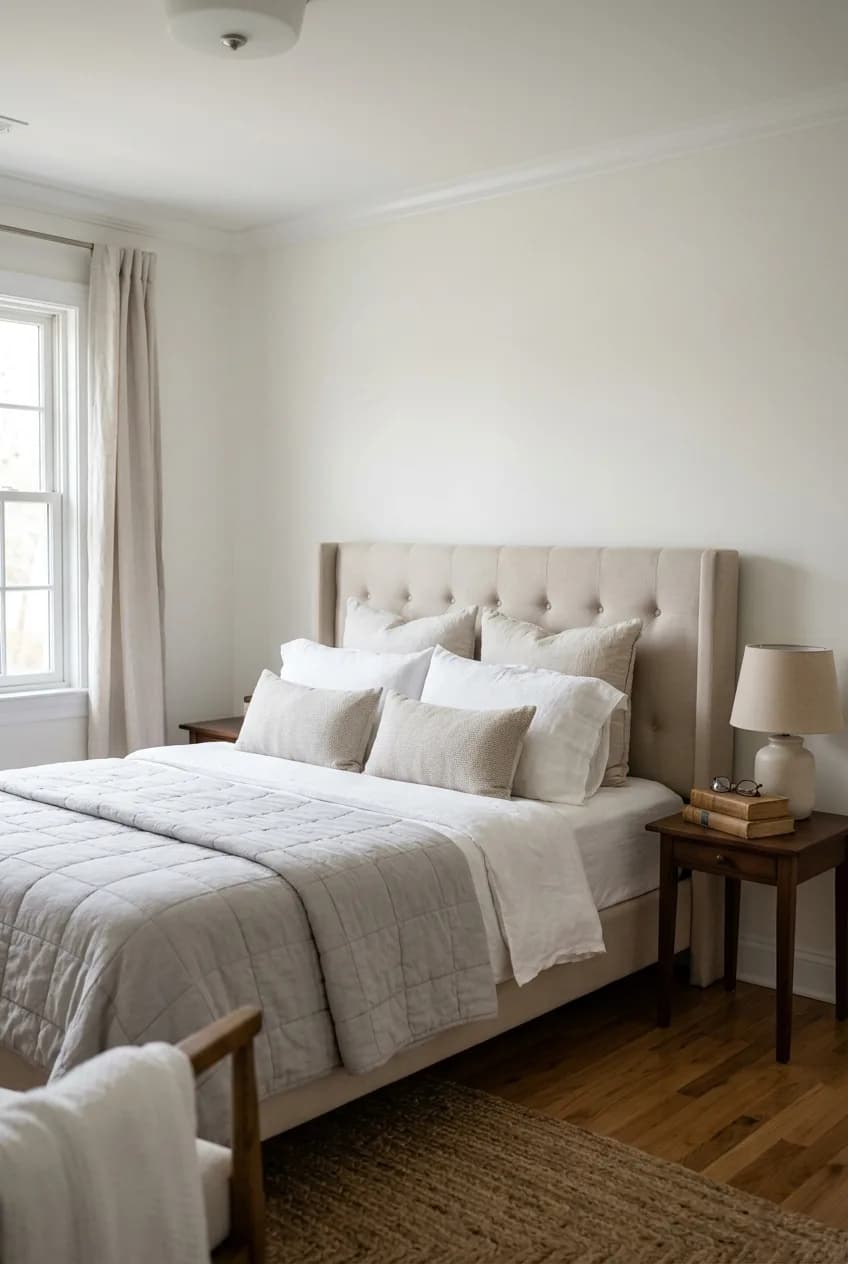 To avoid a common accent wall mistake, choose the natural focal point, like the neutral-colored wall behind this bed's headboard.