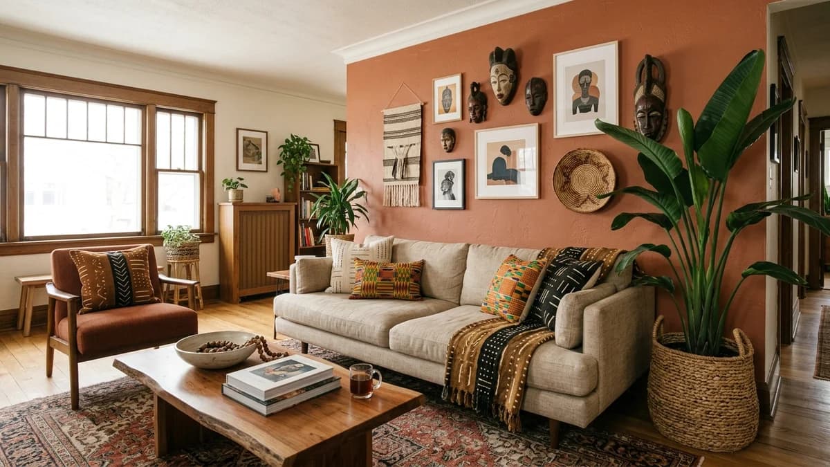 Afrobohemian living room decor ideas featuring an earthy-toned space with authentic African textiles, statement plants, and a curated art wall.