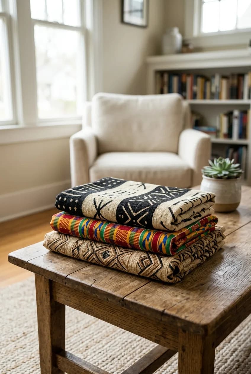 A stack of authentic African textiles, including mudcloth and Kente cloth, for an Afrobohemian living room decor idea.