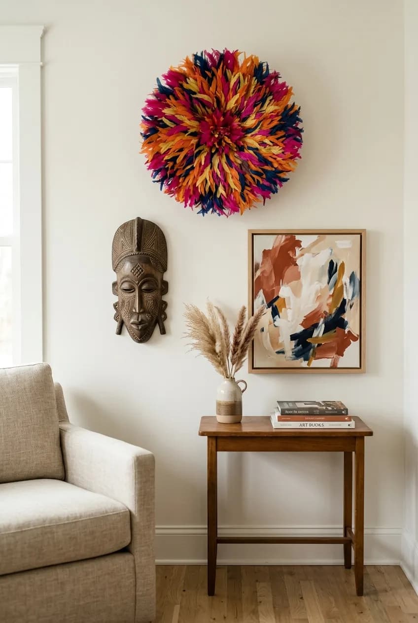 A curated gallery wall as an Afrobohemian living room decor idea, showcasing a Juju hat, a carved mask, and contemporary art.