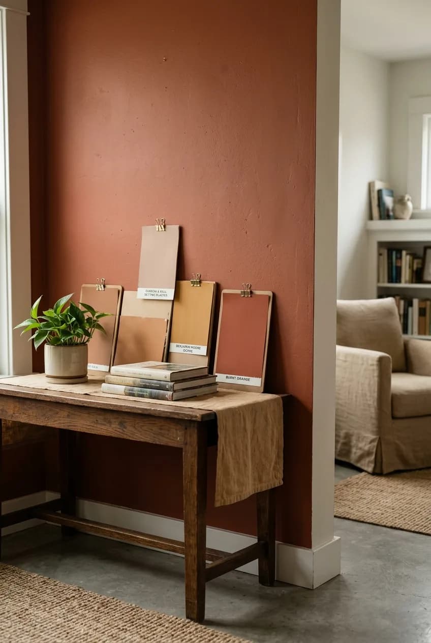 An earthy color palette for Afrobohemian living room decor ideas, showing a terracotta wall with sand and ochre paint swatches.