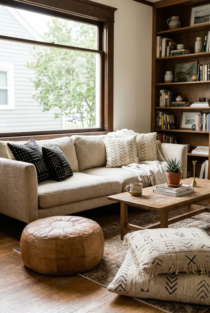 An eclectic seating arrangement for Afrobohemian living room decor, with a low sofa, floor cushions, and a leather pouf.