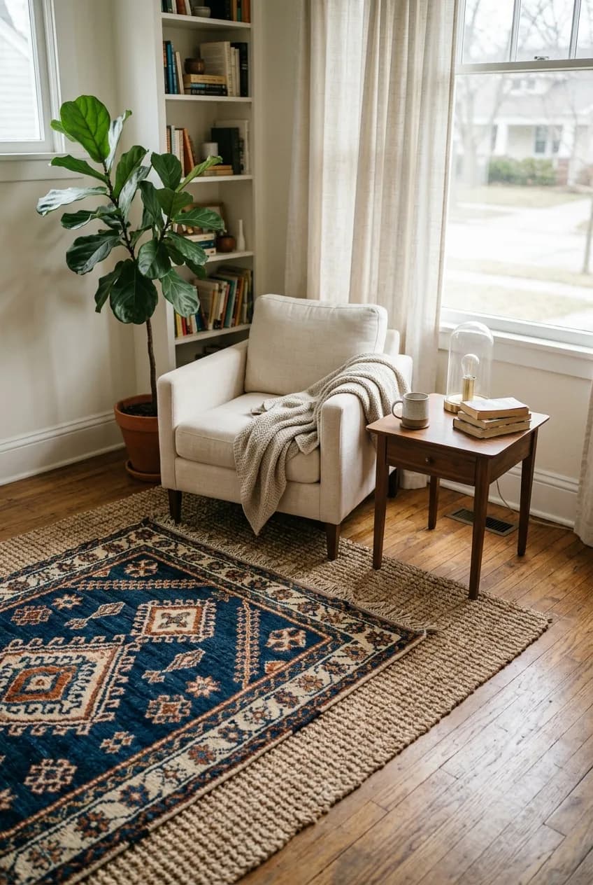 A layered rug combination, featuring a patterned Berber rug on top of a jute rug, for an Afrobohemian living room.