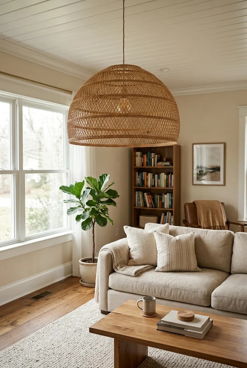 A large woven rattan pendant light providing warm, layered lighting, a perfect Afrobohemian living room decor idea.