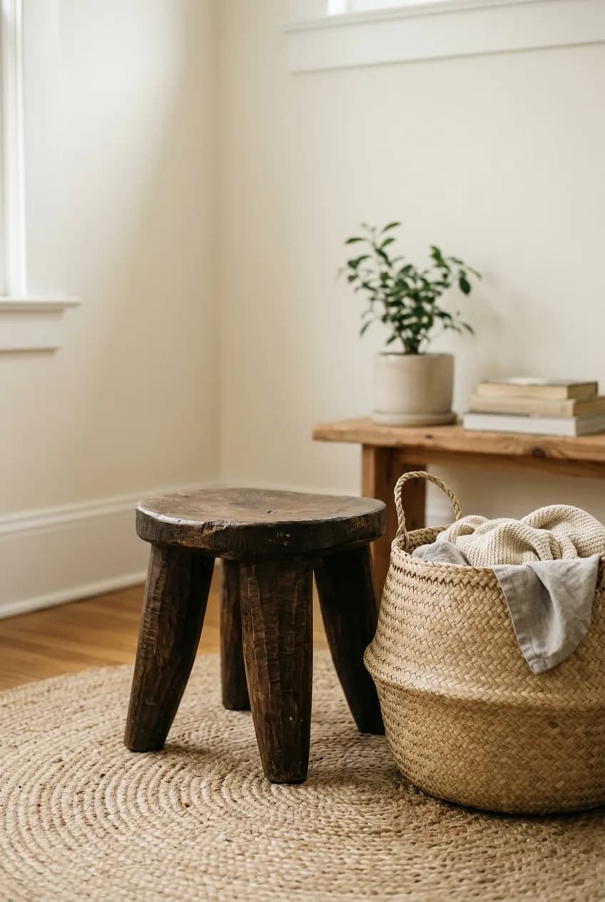 Afrobohemian living room decor idea featuring natural materials like a hand-carved wooden stool and a woven seagrass basket.