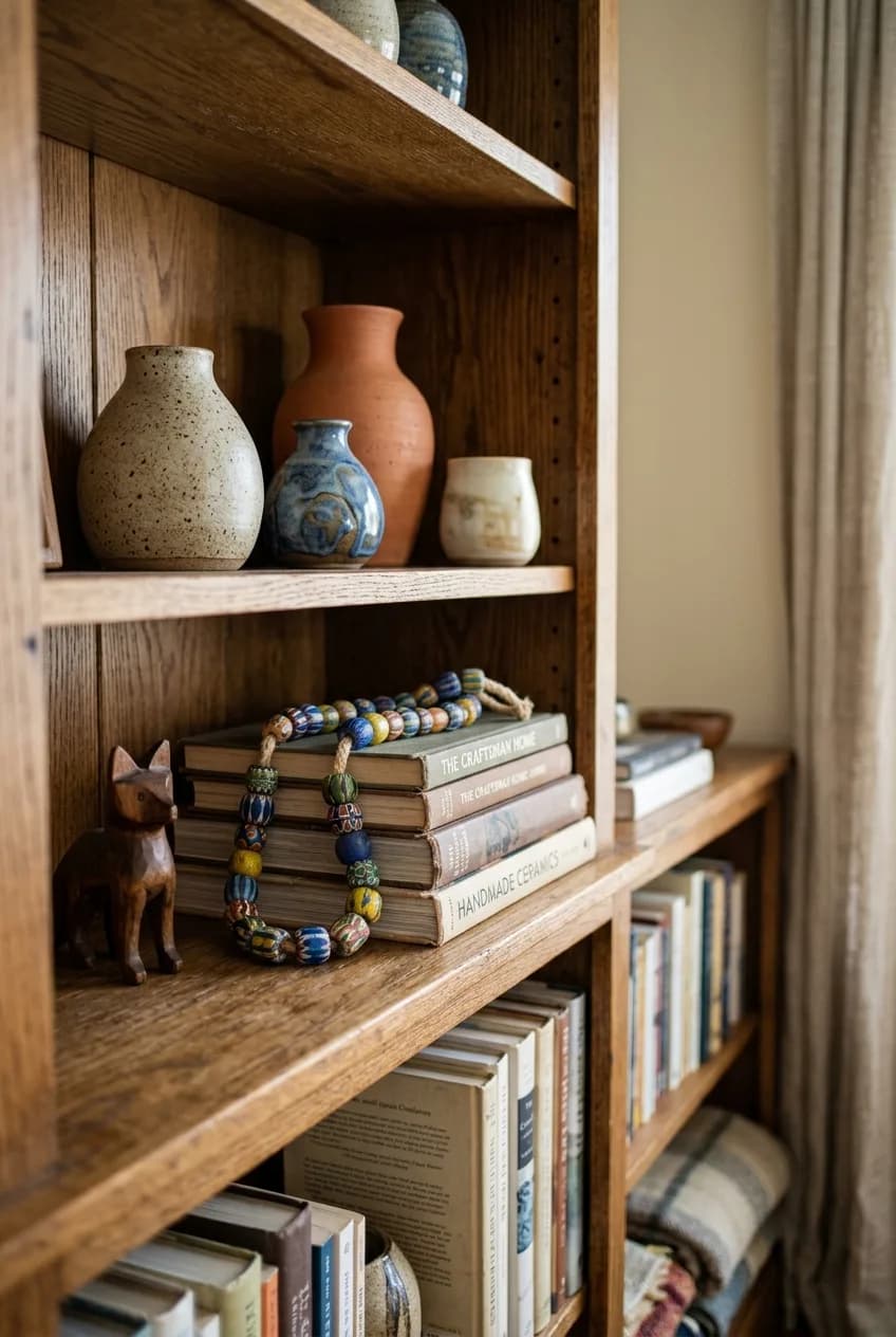 Personal and handmade decor objects, like pottery and carved figures, arranged on a shelf for an Afrobohemian living room.