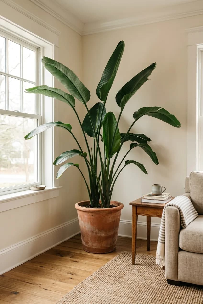 A large Bird of Paradise plant in a terracotta pot, a key element in Afrobohemian living room decor ideas.