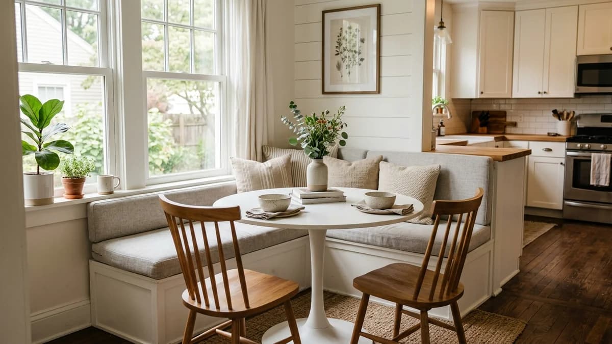 A hybrid seating solution with a built-in banquette and freestanding chairs in a small, sunny kitchen nook.