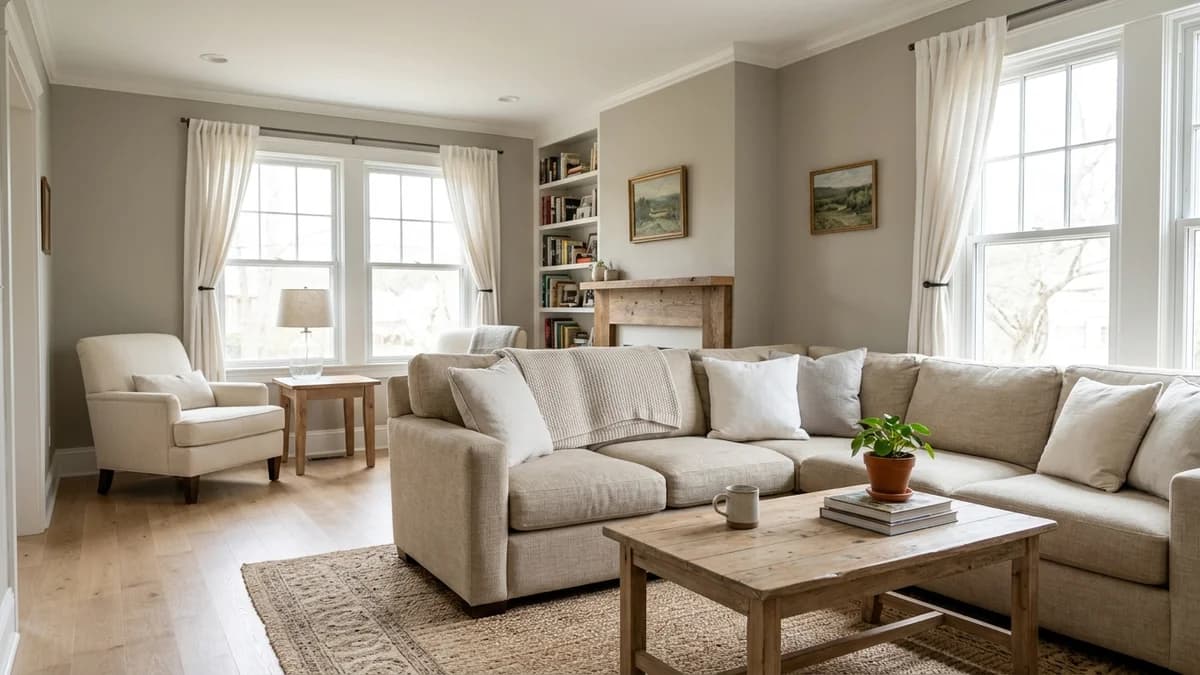 A beginner's guide to understanding paint undertones is demonstrated in a sunlit living room with warm greige walls that complement wood floors.