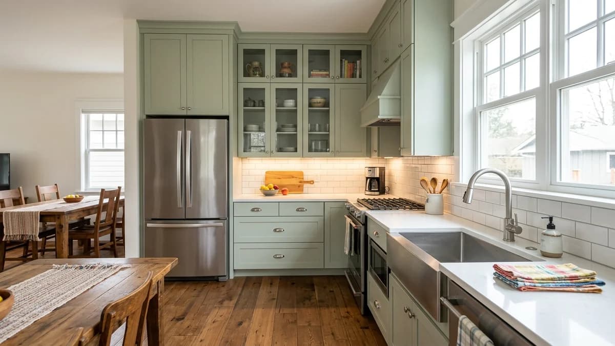 A beginner's guide to planning a small kitchen layout shows an efficient L-shaped kitchen with light green cabinets and bright white countertops.