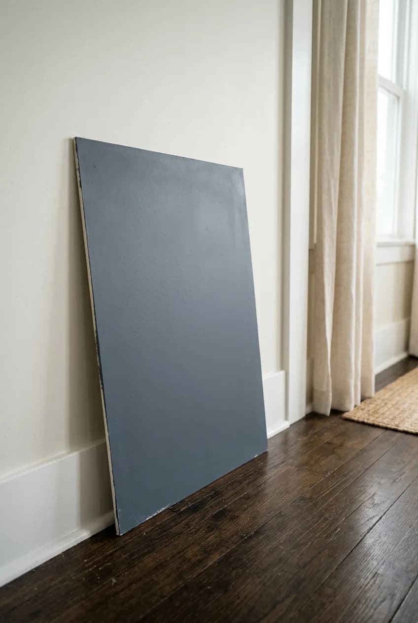 A large paint sample board is correctly placed against a white baseboard and hardwood floor, a key step in testing paint samples accurately.