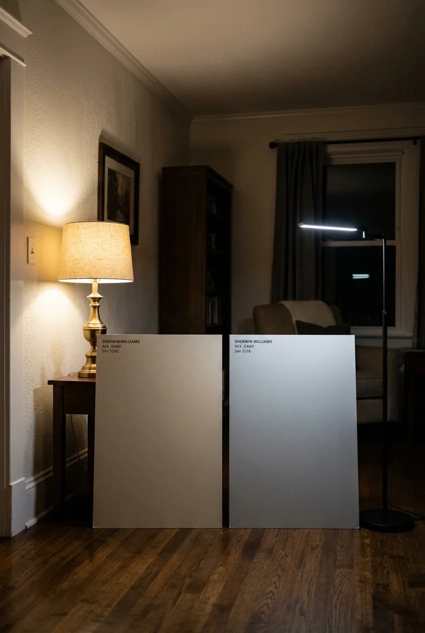 Demonstrating why testing paint samples at night is crucial, with two identical gray boards looking completely different under warm vs. cool artificial light.
