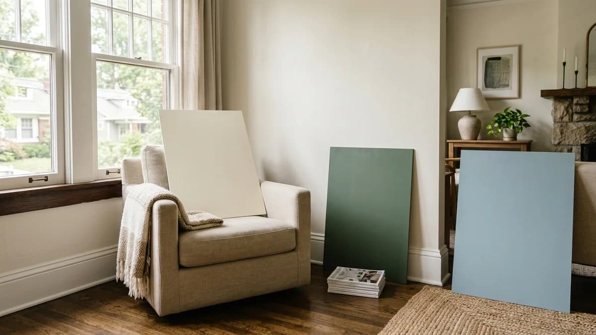 Aspirational shot showing the best way to test paint samples, with large sample boards in a bright, beautifully furnished living room.