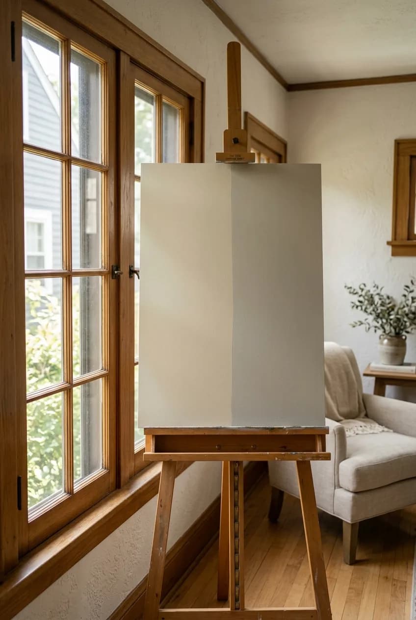 To determine the best time to test paint samples, a large sample board is shown by a window, with its color split by sunlight and shadow.