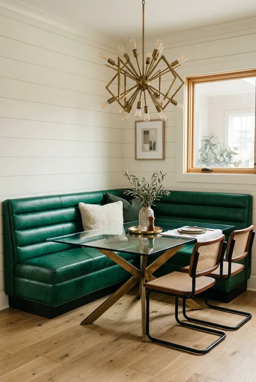 An Art Deco brass and leather banquette idea with an emerald green bench and a geometric brass chandelier.