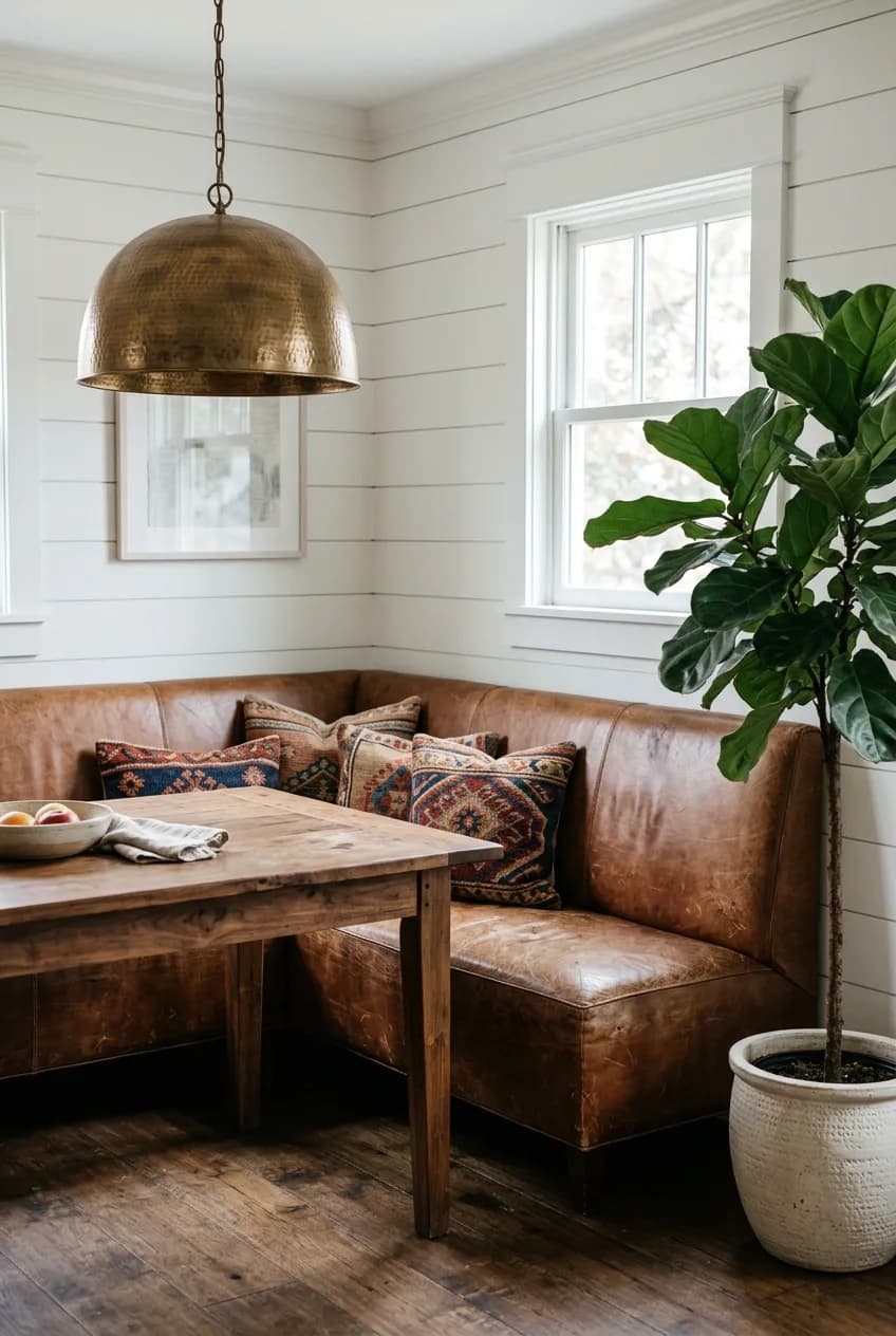 A bohemian brass and leather banquette dining nook with a distressed leather seat and a hammered brass pendant light.