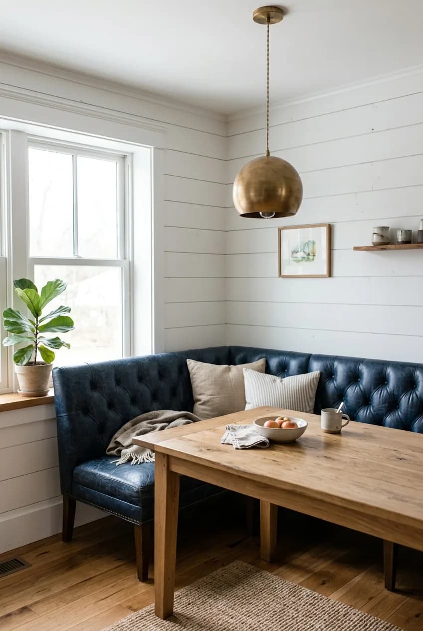 A coastal brass and leather banquette dining nook with a navy leather bench and an unlacquered brass pendant.