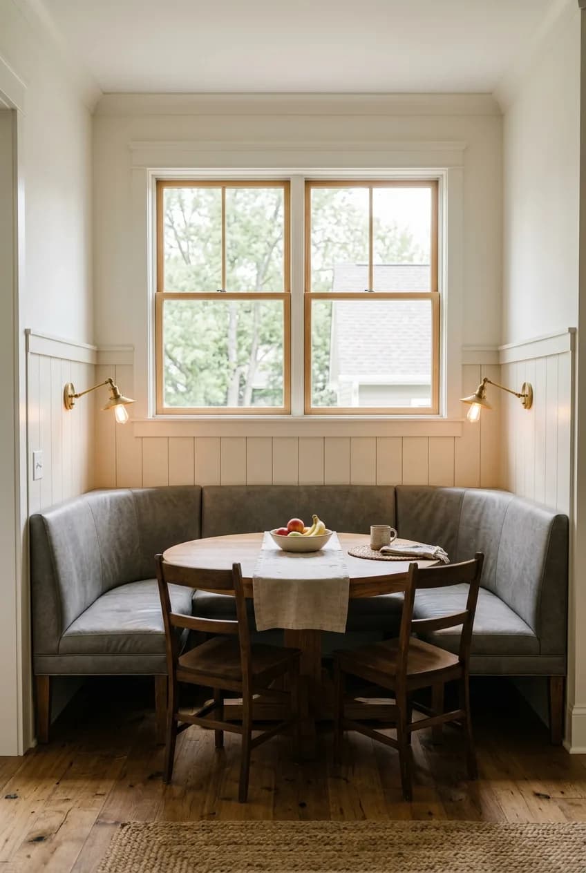 A brass and leather banquette dining nook featuring a custom U-shaped booth with integrated brass sconces.